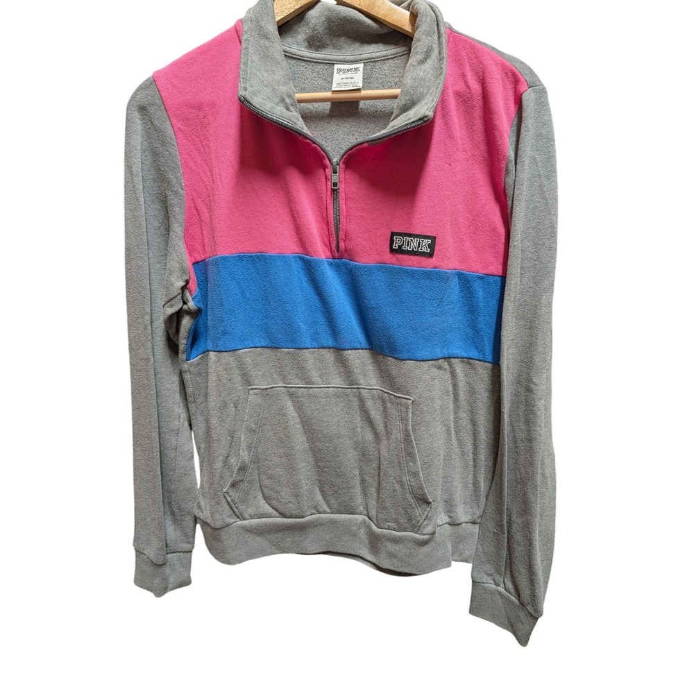 PINK Victoria's Secret Quarter Zip Women M Gray Pink Blue Good Colorblock Fleece